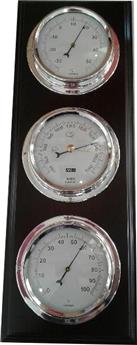 STATION METEO BARO-THERMO-HYGROMETRE 3 CADRANS CHROME SUPPORT BOIS