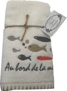 SERVIETTE INVITE 30 x 50 cm BRODEE POISSONS BULLES NEIGE OR CORAIL